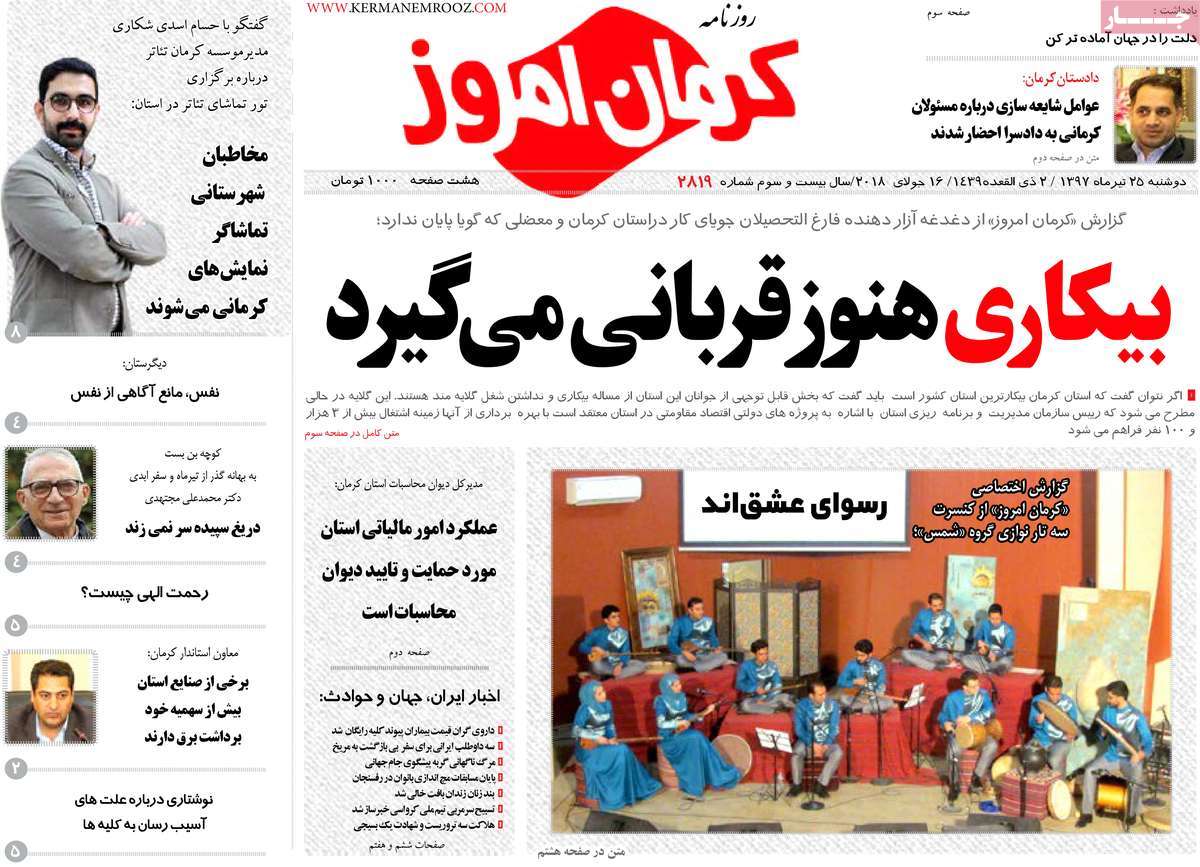 ویترین روزنامه های استان کرمان 25 تیر 97