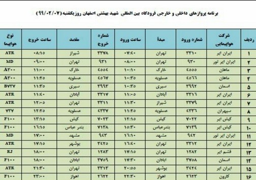 برنامه پرواز‌های ۷ اردیبهشت ماه فرودگاه شهید بهشتی اصفهان
