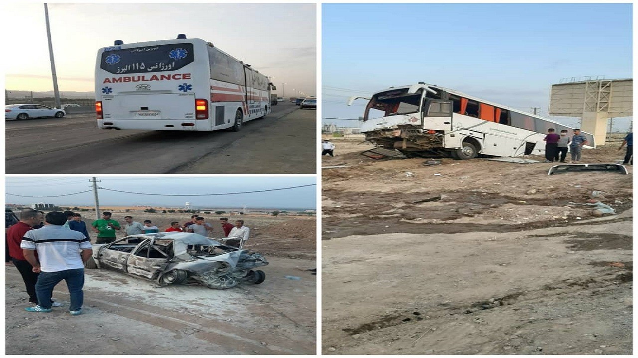 برخورد اتوبوس و ۲ دستگاه خودروی سواری در آزادراه قزوین - كرج/ ۲ نفر کشته شدند