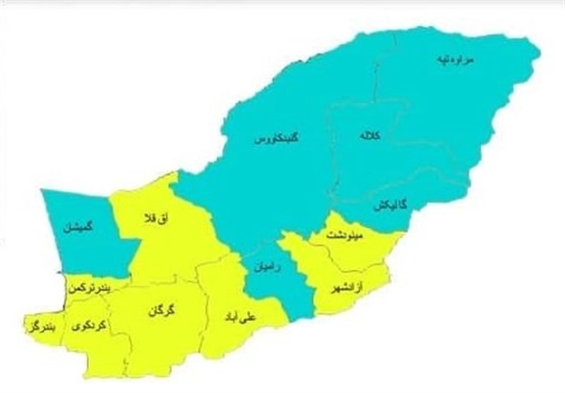 آخرین تغییرات رنگ‌بندی کرونا در استان گلستان/ وضعیت بندرگز هم زرد شد + نقشه