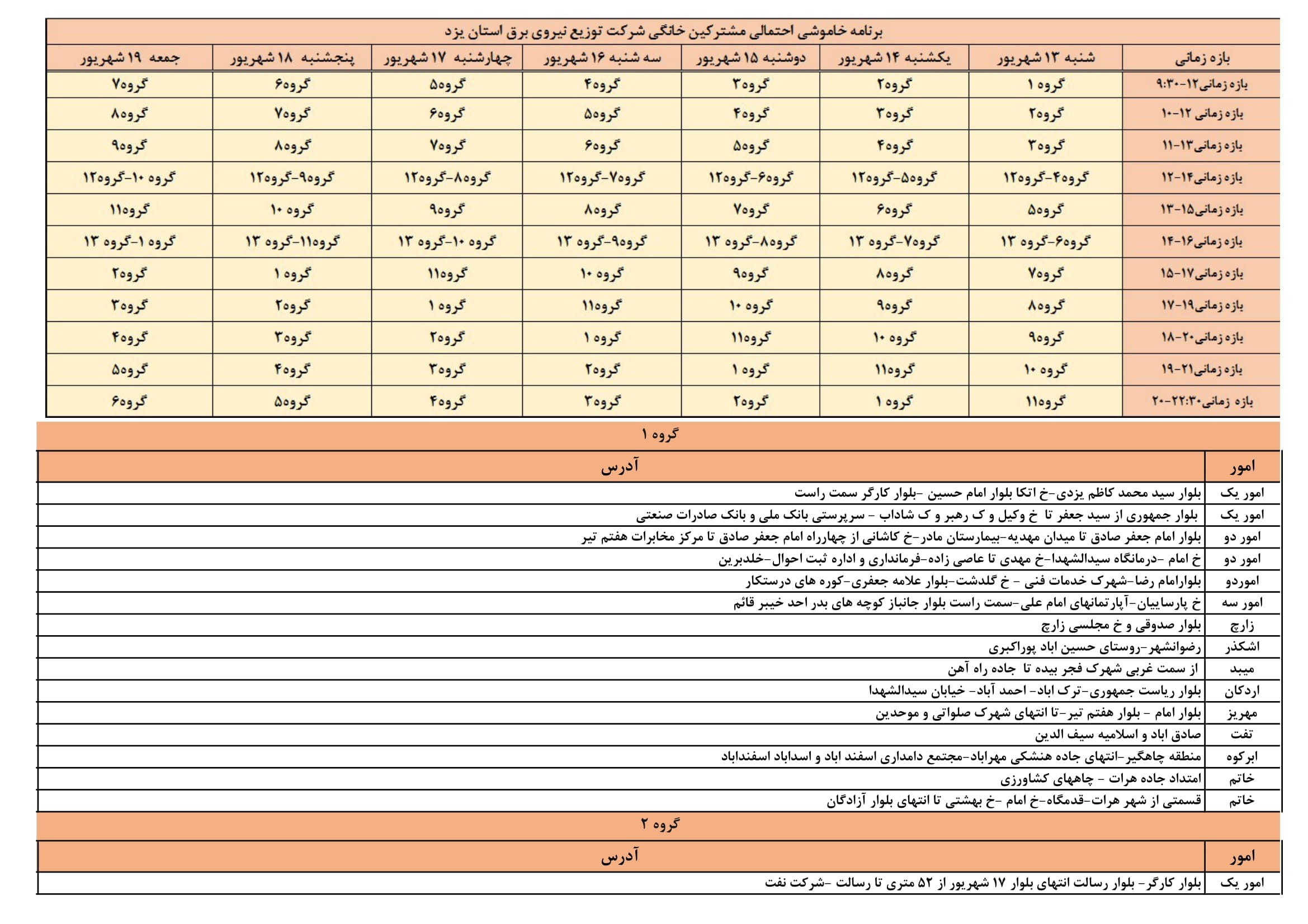 برنامه قطعی برق یزد چهارشنبه 17 شهریور 1400