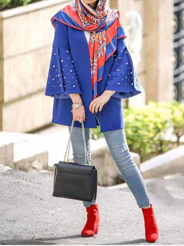 مدل مانتو آستین پلیسه مروارید دوزی شده