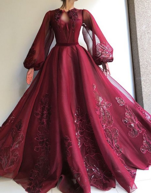 لباس مجلسی زرشکی با آستین پفی لباس مجلسی زرشکی با آستین پفی