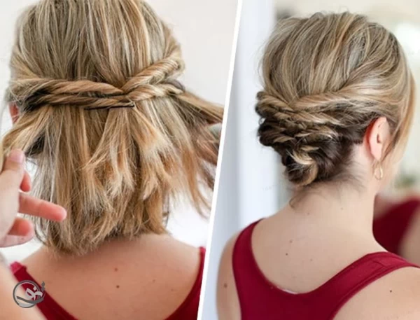 نمای پشت سر و نیمرخ زن با موی کوتاه شنیون شده