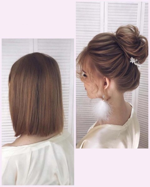 نمای پشت سر و نیمرخ زن با موی کوتاه شنیون شده