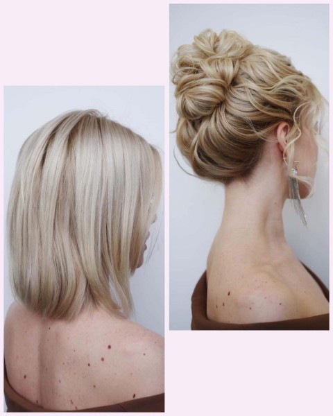 نمای پشت سر و نیمرخ زن با موی کوتاه شنیون شده