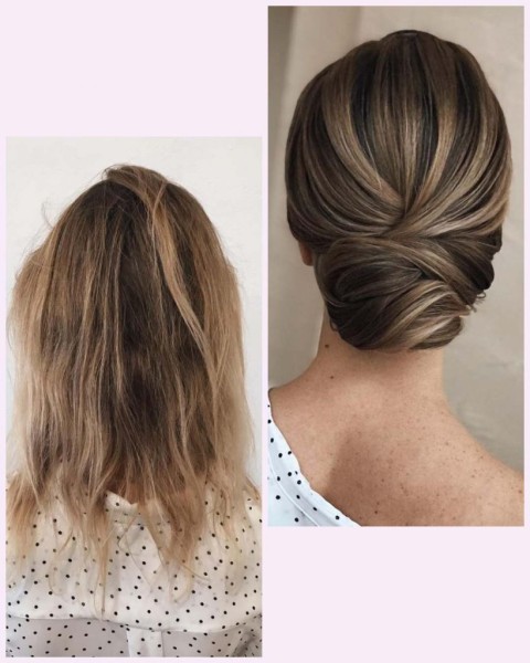 نمای پشت سر و نیمرخ زن با موی کوتاه شنیون شده