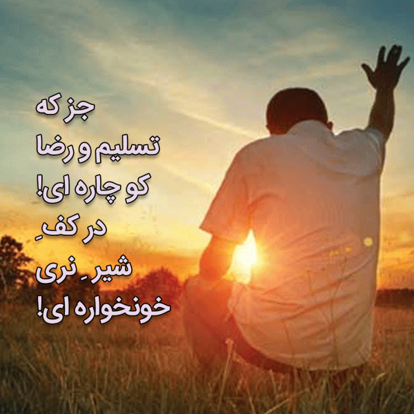 مرد پشت به تصویر رو به منظره خورشید و دشت یک دست خود را بلند کرده با عکسنوشته عرفانی