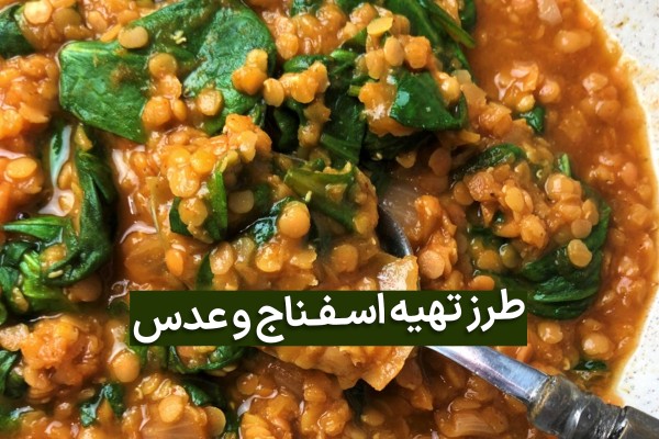 اسفناج و عدس در کاسه سفید و قاشق و عکس نوشته طرز تهیه آن