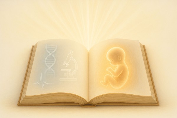 کتاب باز با تصویر جنین و نمادهای علمی در پس‌زمینه روشن